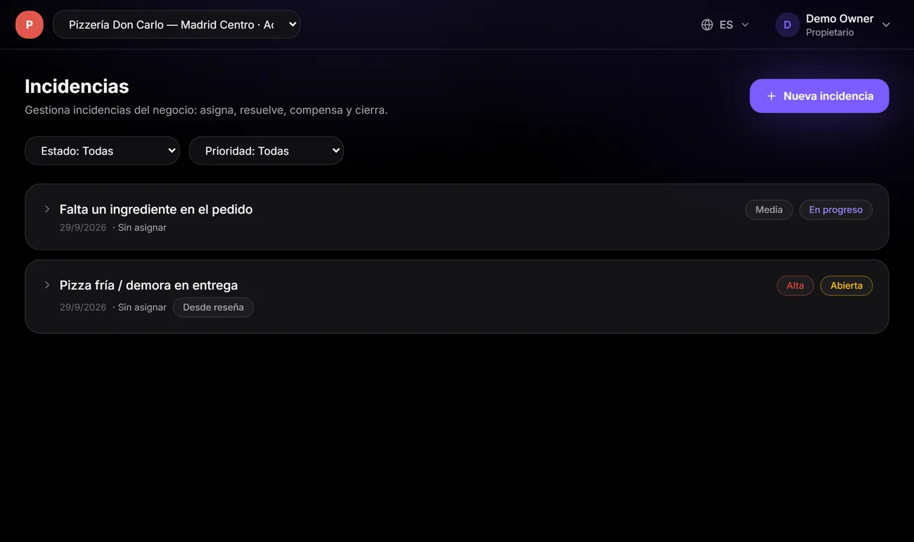 Listado de incidencias en RepuOrbit con prioridad y estado.