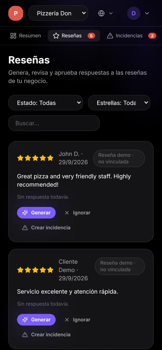 RepuOrbit en el móvil: listado de reseñas con la acción de generar respuesta.