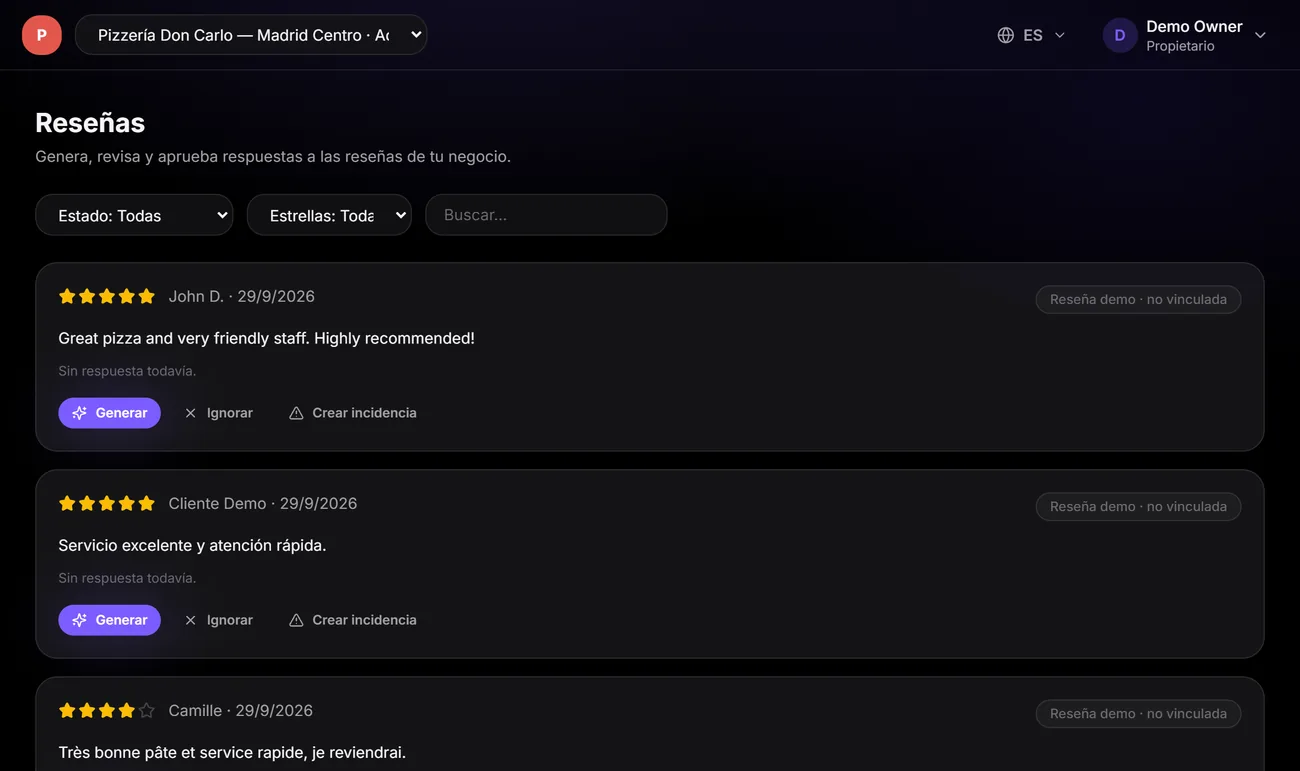 Listado de reseñas en RepuOrbit con las acciones generar, ignorar y crear incidencia.