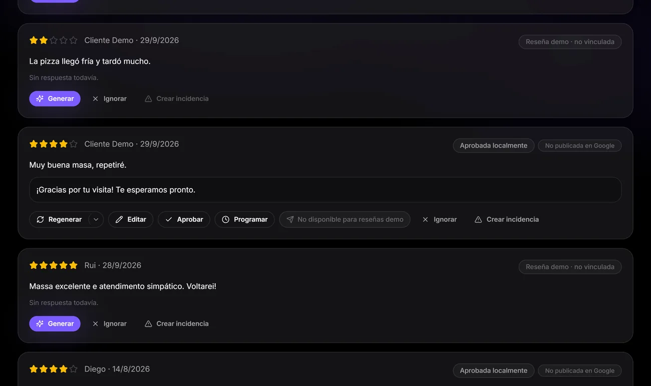 Reseñas con respuesta propuesta y las acciones regenerar, editar, aprobar y programar.